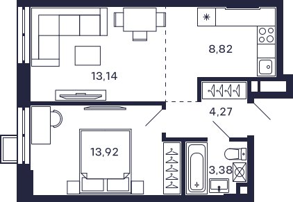 1-комнатная квартира без отделки, 43.53 м2, 2 этаж, сдача 2 квартал 2025 г., ЖК Квартал Тетрис, корпус "Квартал Тетрис 2.1" - объявление 2358259 - фото №1