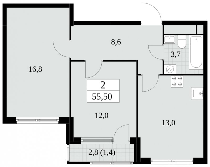 2-комнатная квартира без отделки, 55.5 м2, 23 этаж, сдача 2 квартал 2025 г., ЖК Южные сады, корпус 2.4 - объявление 1760387 - фото №1