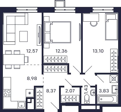 2-комнатная квартира без отделки, 62.71 м2, 14 этаж, сдача 2 квартал 2025 г., ЖК Квартал Тетрис, корпус "Квартал Тетрис 2.2" - объявление 2397053 - фото №1
