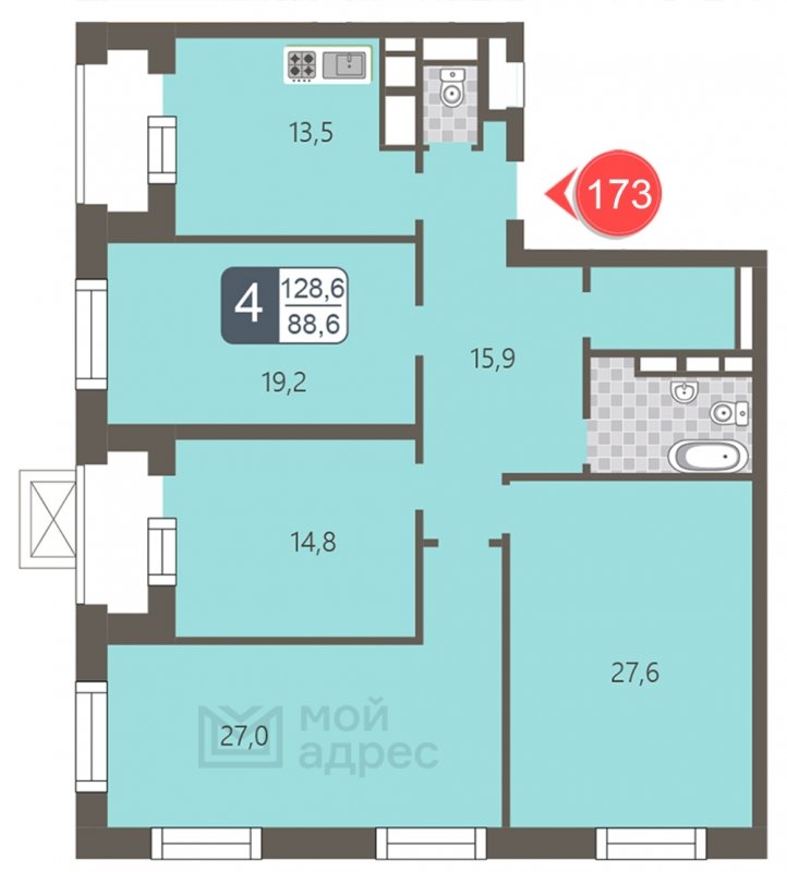 4-комнатная квартира с полной отделкой, 128.6 м2, 23 этаж, дом сдан, ЖК мой адрес На Береговом, корпус Южный квартал - объявление 1866971 - фото №1