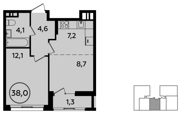 2-комнатная квартира (евро) без отделки, 38 м2, 10 этаж, дом сдан, ЖК Прокшино, корпус 3.1 - объявление 2033234 - фото №1