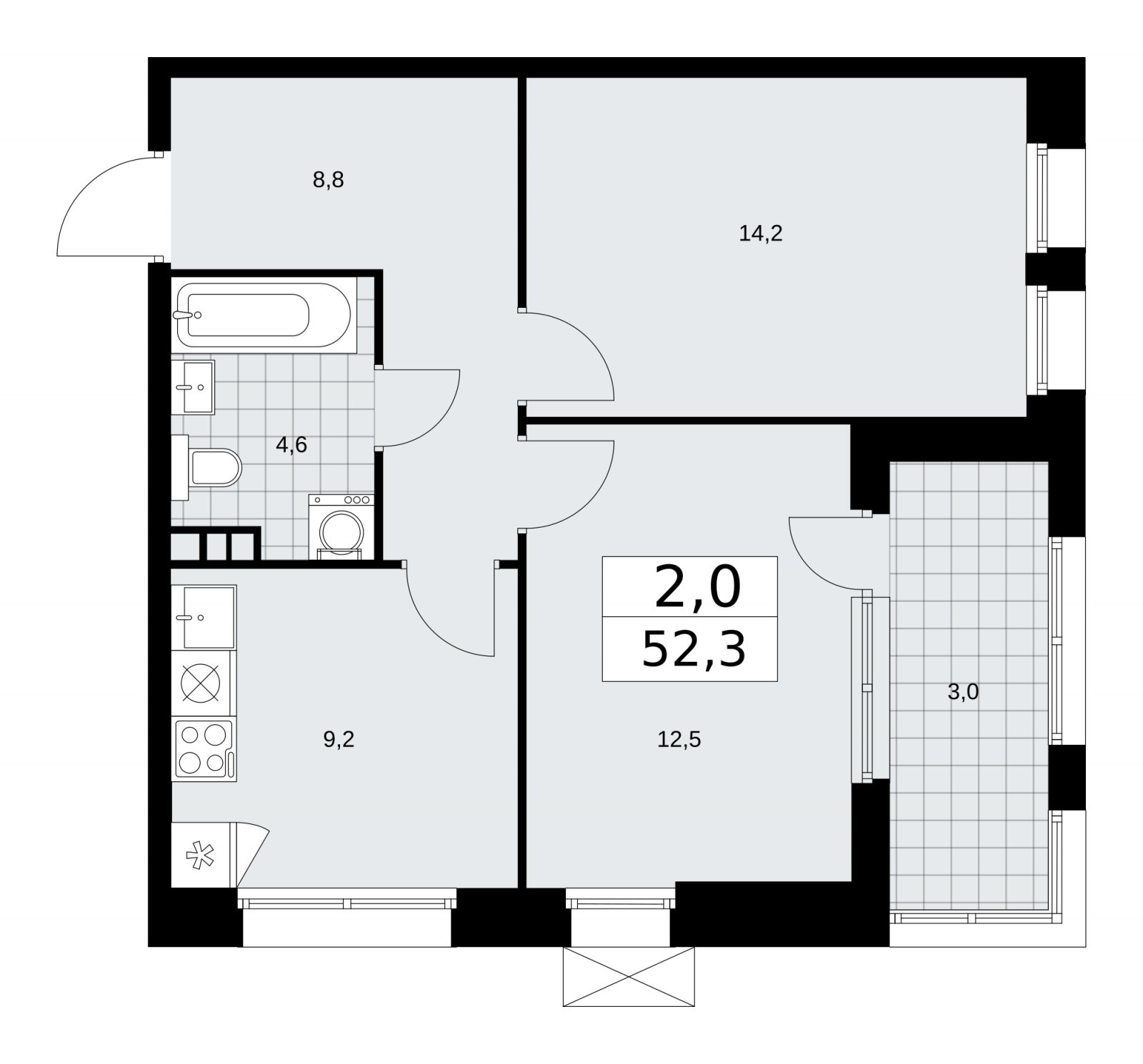 2-комнатная квартира без отделки, 52.3 м2, 3 этаж, сдача 4 квартал 2025 г., ЖК Бунинские кварталы, корпус 6.5 - объявление 2252756 - фото №1