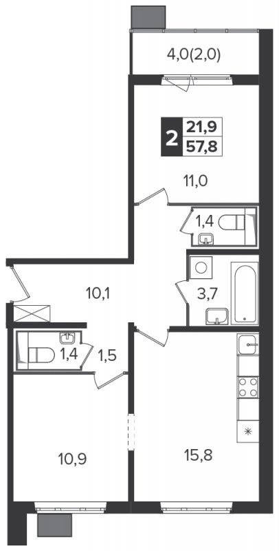 2-комнатная квартира с полной отделкой, 57.8 м2, 21 этаж, дом сдан, ЖК Южная Битца, корпус 6 - объявление 1307838 - фото №1