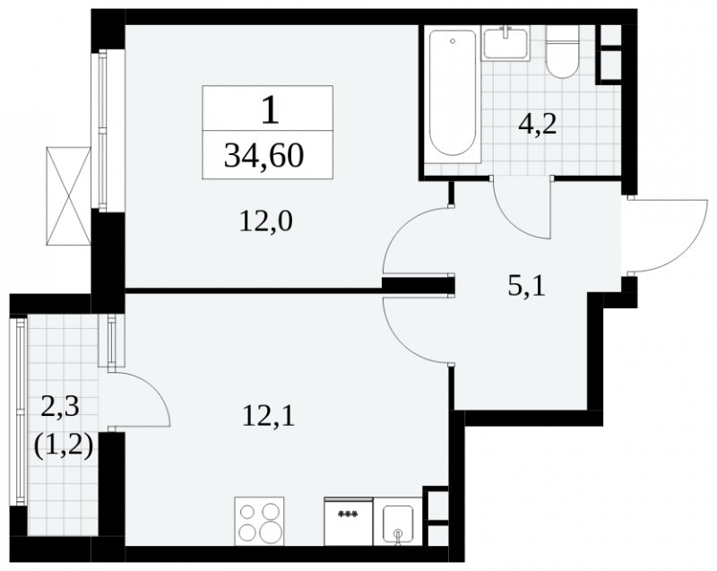 1-комнатная квартира с частичной отделкой, 34.6 м2, 3 этаж, сдача 3 квартал 2024 г., ЖК Прокшино, корпус 8.2 - объявление 1683764 - фото №1