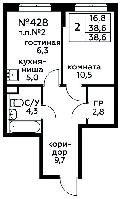 2-комнатная квартира с полной отделкой, 38.6 м2, 2 этаж, сдача 1 квартал 2025 г., ЖК Цветочные Поляны, корпус 2 - объявление 1771118 - фото №1