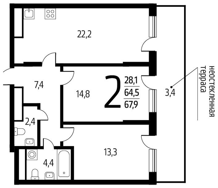 2-комнатная квартира с полной отделкой, 67.9 м2, 13 этаж, дом сдан, ЖК Новые Ватутинки. Центральный, корпус 9/3 - объявление 1674596 - фото №1