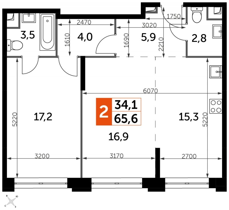 2-комнатная квартира с частичной отделкой, 65.6 м2, 30 этаж, сдача 1 квартал 2023 г., ЖК Sydney City, корпус 3 - объявление 1612526 - фото №1