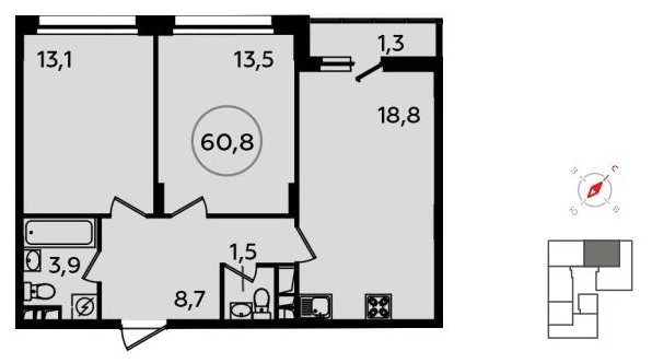 2-комнатная квартира без отделки, 60.8 м2, 13 этаж, сдача 1 квартал 2022 г., ЖК Скандинавия, корпус 13.1 - объявление 1411583 - фото №1