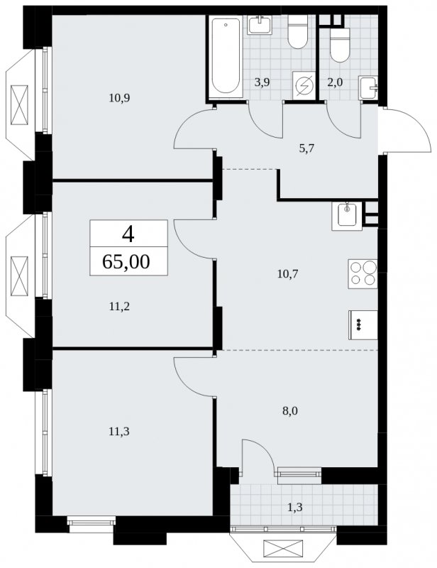 4-комнатная квартира (евро) без отделки, 65 м2, 3 этаж, сдача 4 квартал 2024 г., ЖК Бунинские кварталы, корпус 1.3 - объявление 1834673 - фото №1