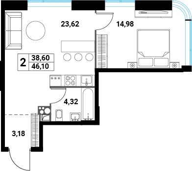 2-комнатная квартира без отделки, 45.8 м2, 22 этаж, сдача 1 квартал 2024 г., ЖК Инноватор, корпус А - объявление 2260420 - фото №1