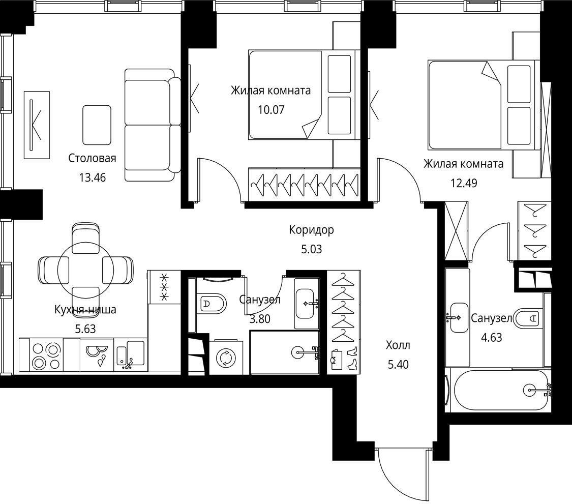 2-комнатная квартира с частичной отделкой, 60.51 м2, 2 этаж, сдача 3 квартал 2026 г., ЖК City Bay, корпус North Ocean 1 - объявление 2332357 - фото №1