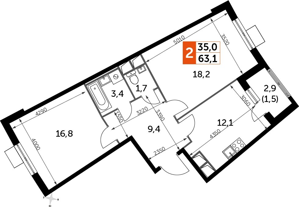 2-комнатная квартира без отделки, 63.1 м2, 4 этаж, дом сдан, ЖК UP-квартал Римский, корпус 7 - объявление 2208689 - фото №1