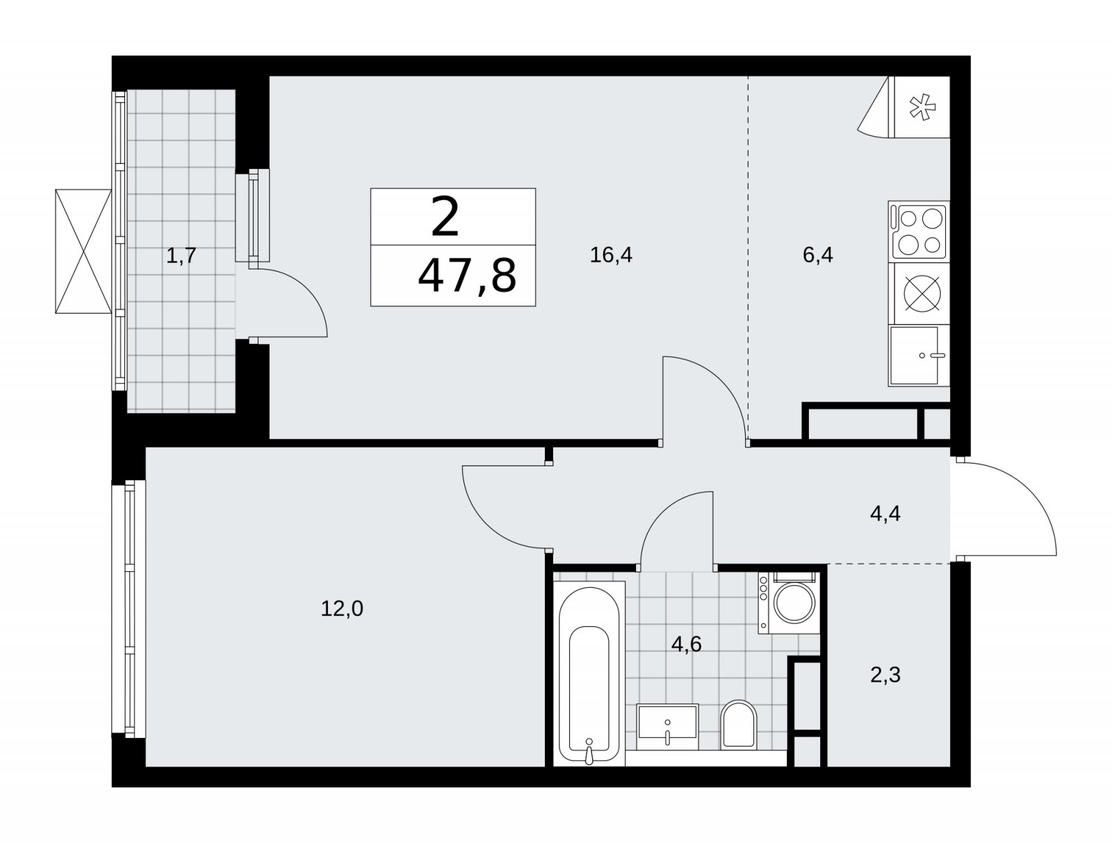 2-комнатная квартира (евро) без отделки, 47.8 м2, 14 этаж, сдача 1 квартал 2026 г., ЖК Прокшино, корпус 11.2.2 - объявление 2270156 - фото №1