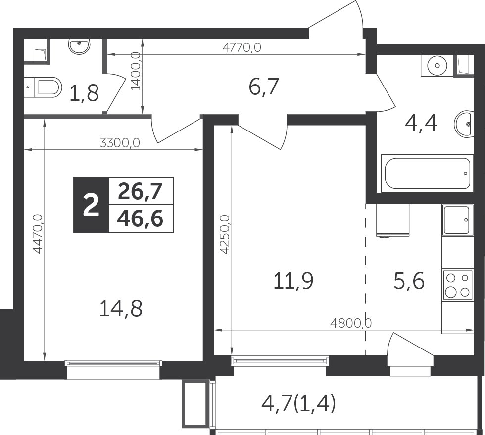2-комнатная квартира с полной отделкой, 46.4 м2, 6 этаж, дом сдан, ЖК Датский квартал, корпус 1 - объявление 1975347 - фото №1