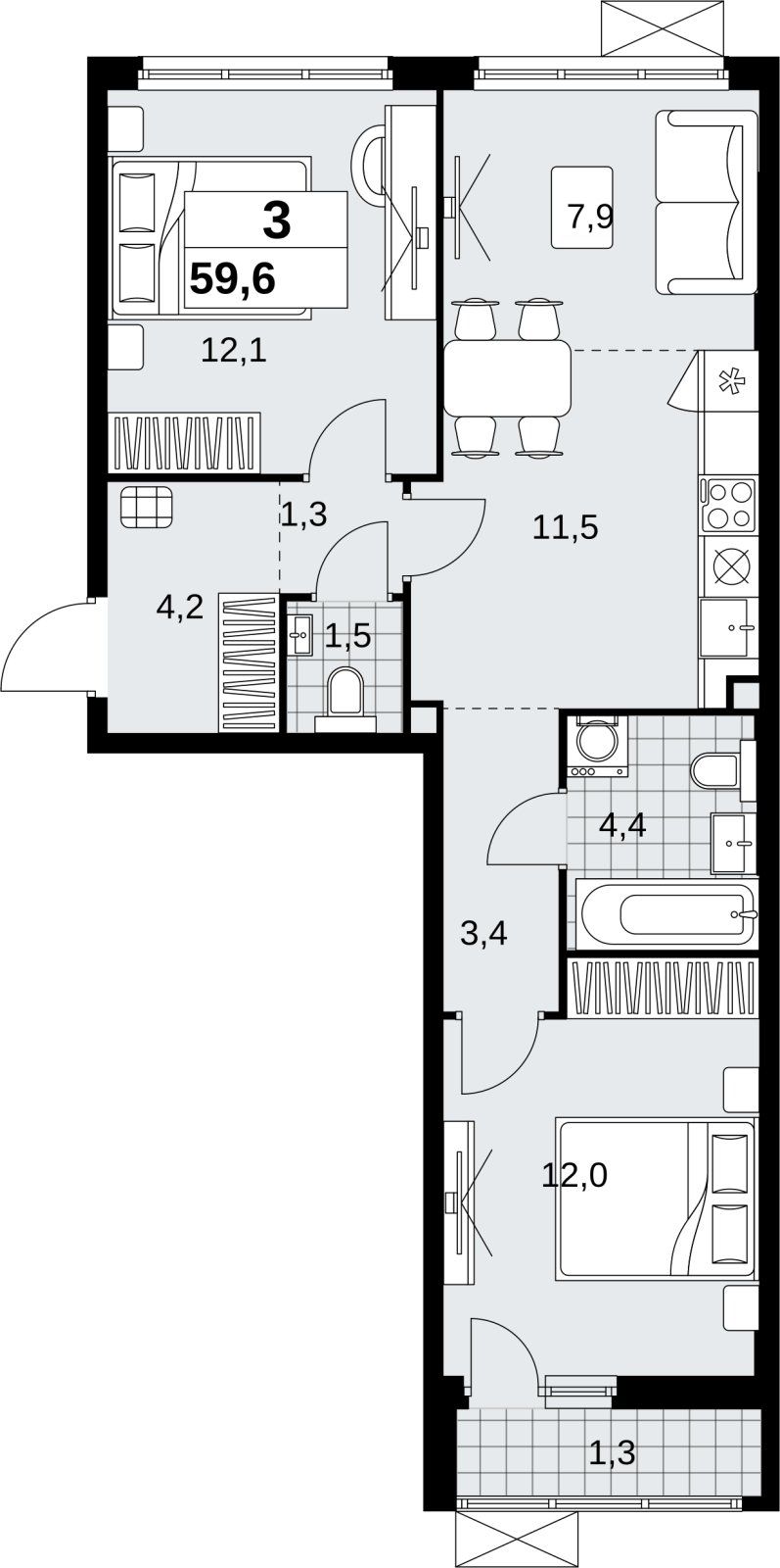 3-комнатная квартира (евро) без отделки, 59.6 м2, 2 этаж, сдача 4 квартал 2026 г., ЖК Скандинавия, корпус 2.18.2.5 - объявление 2351591 - фото №1