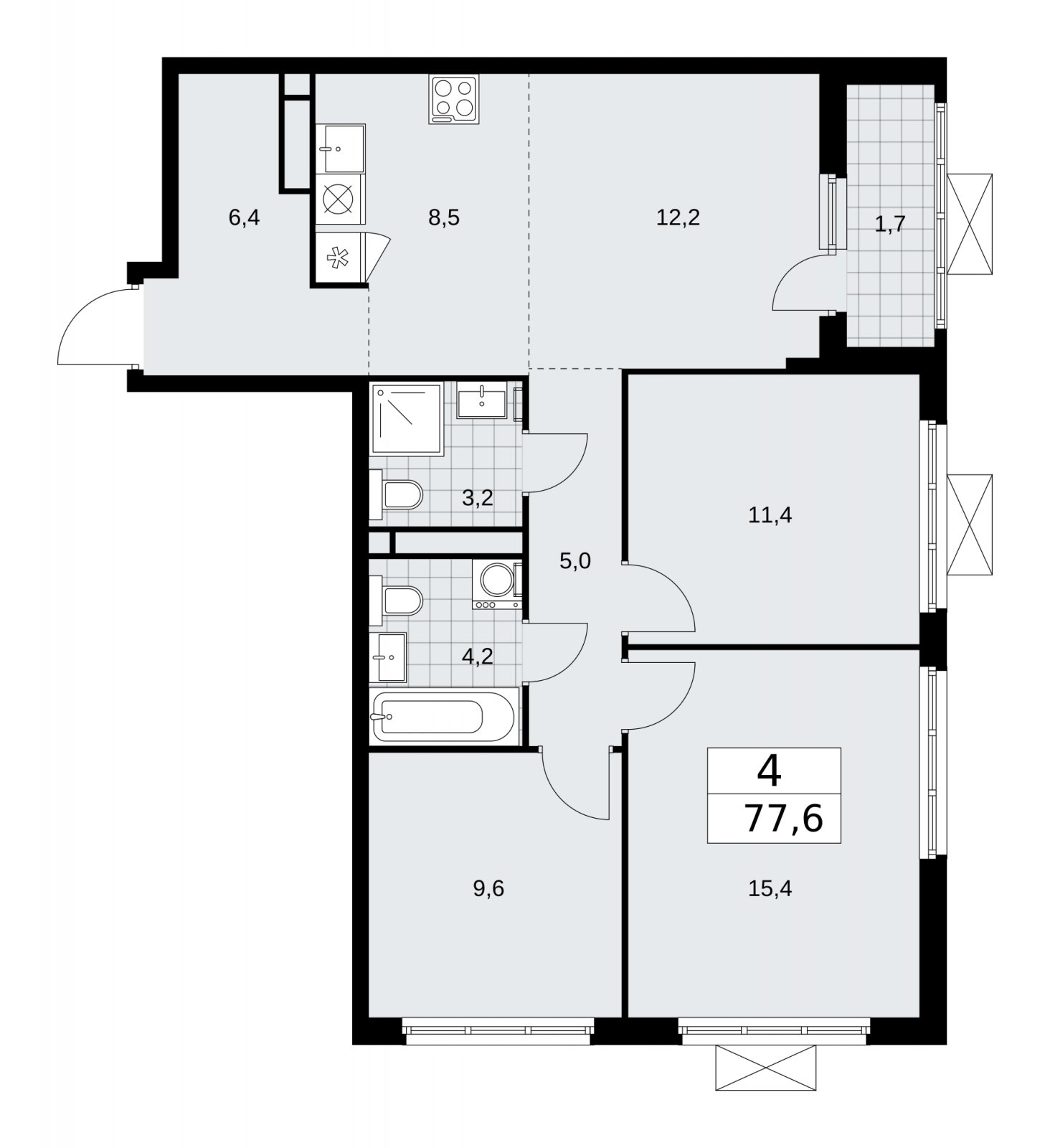 4-комнатная квартира (евро) без отделки, 77.6 м2, 13 этаж, сдача 1 квартал 2026 г., ЖК Прокшино, корпус 11.2.2 - объявление 2270143 - фото №1