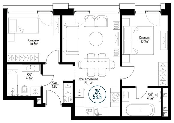 2-комнатная квартира с частичной отделкой, 58.5 м2, 8 этаж, сдача 3 квартал 2024 г., ЖК Метрополия, корпус Copenhagen - объявление 1786531 - фото №1