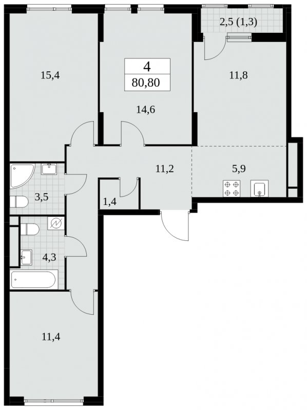 4-комнатная квартира (евро) без отделки, 80.8 м2, 8 этаж, сдача 2 квартал 2025 г., ЖК Южные сады, корпус 2.4 - объявление 1760215 - фото №1