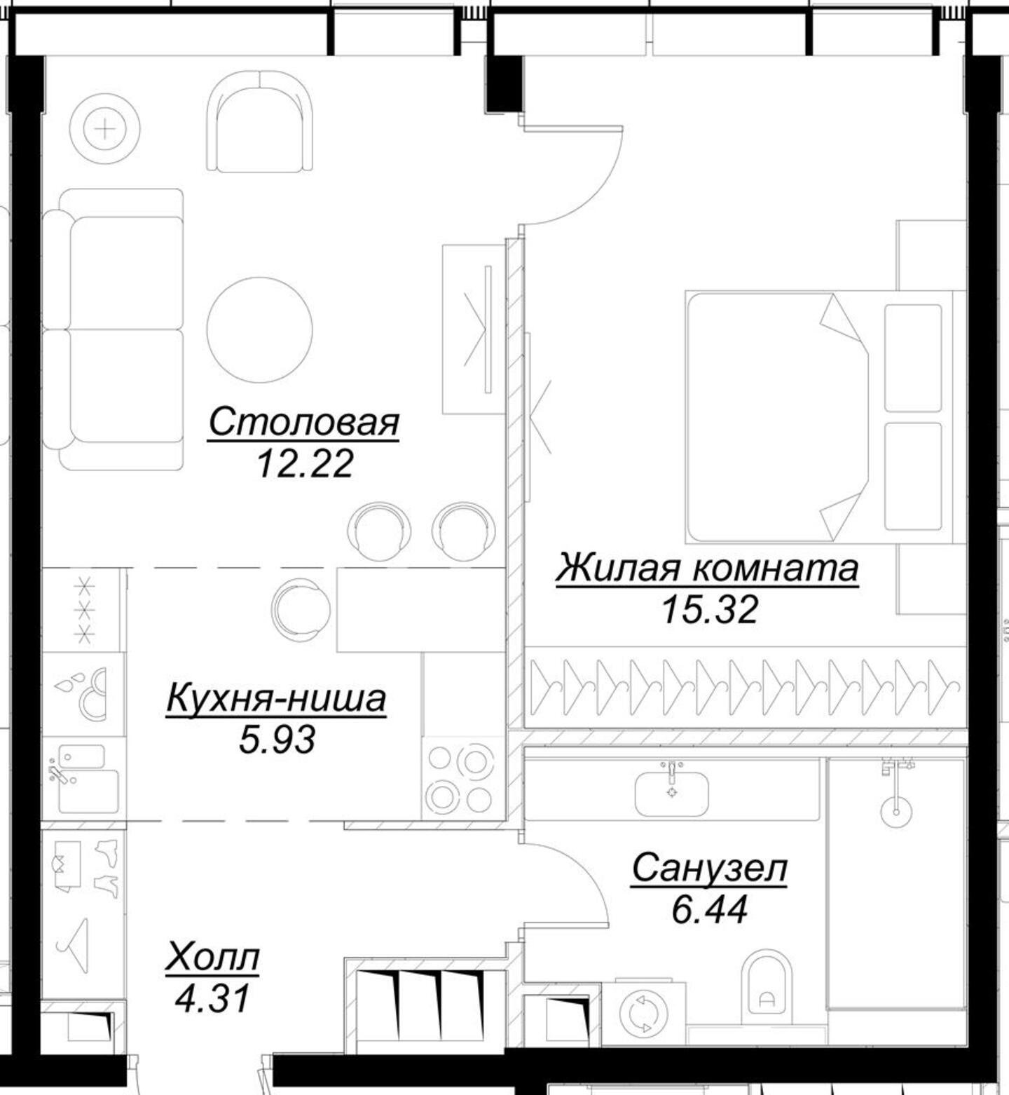 1-комнатная квартира с частичной отделкой, 43.62 м2, 52 этаж, сдача 4 квартал 2024 г., ЖК MOD, корпус Dreiser - объявление 2188700 - фото №1