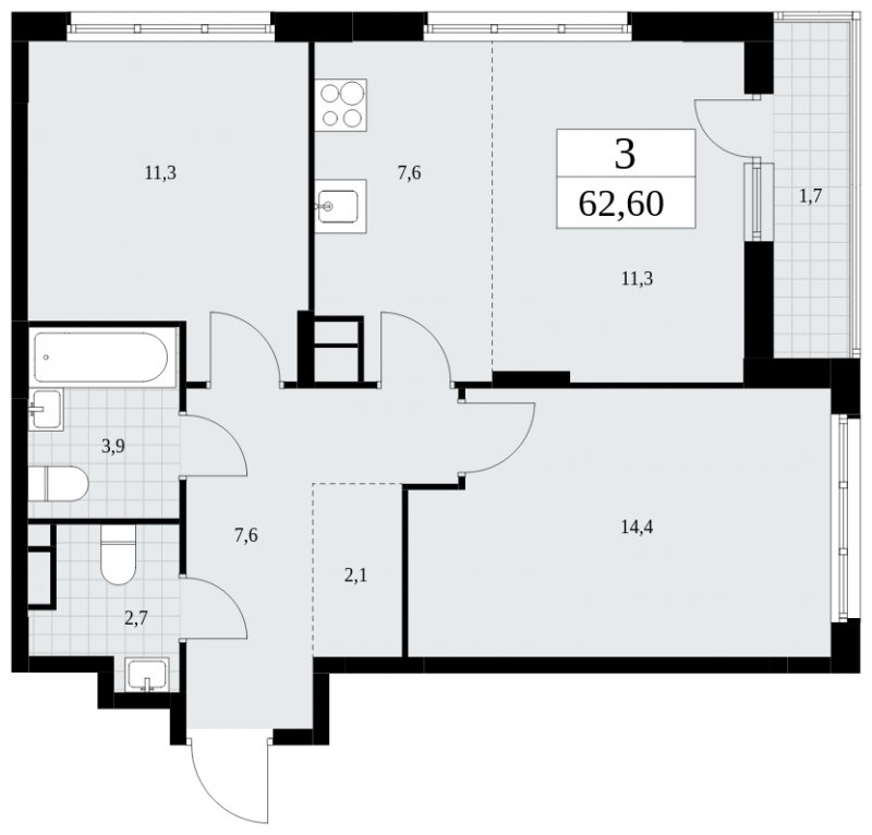 3-комнатная квартира (евро) без отделки, 62.6 м2, 6 этаж, сдача 1 квартал 2025 г., ЖК Скандинавия, корпус 36.1.2 - объявление 1801868 - фото №1