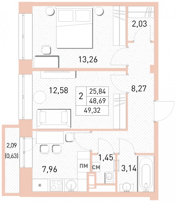 2-комнатная квартира с полной отделкой, 49.32 м2, 12 этаж, сдача 2 квартал 2023 г., ЖК Столичный, корпус 24 - объявление 1651195 - фото №1
