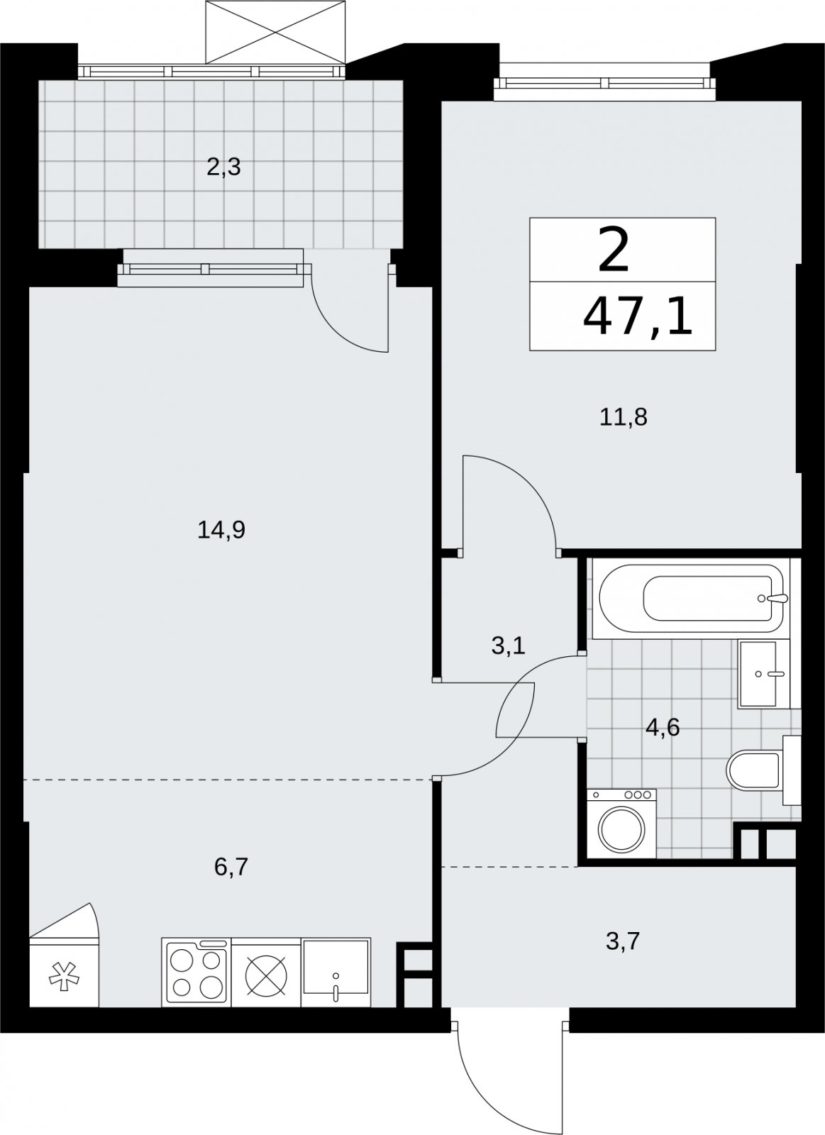 2-комнатная квартира (евро) без отделки, 47.1 м2, 3 этаж, сдача 2 квартал 2026 г., ЖК Бунинские кварталы, корпус 5.2 - объявление 2297318 - фото №1
