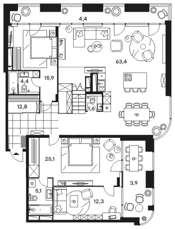 6-комнатные апартаменты без отделки, 227 м2, 25 этаж, дом сдан, ЖК Level Стрешнево, корпус Юг - объявление 1681798 - фото №1