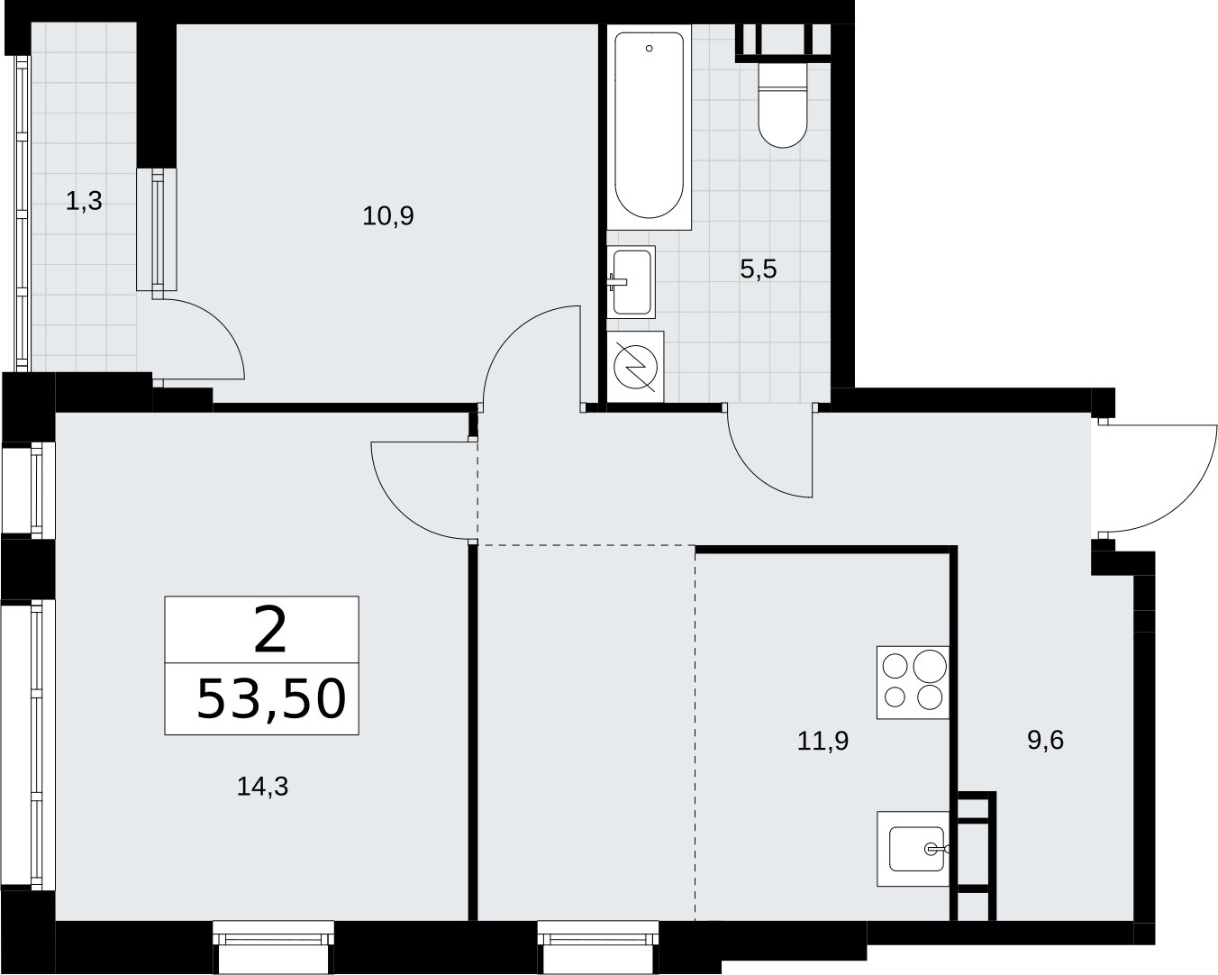 2-комнатная квартира с полной отделкой, 53.5 м2, 4 этаж, сдача 4 квартал 2026 г., ЖК Родные кварталы, корпус 1.1 - объявление 2317637 - фото №1