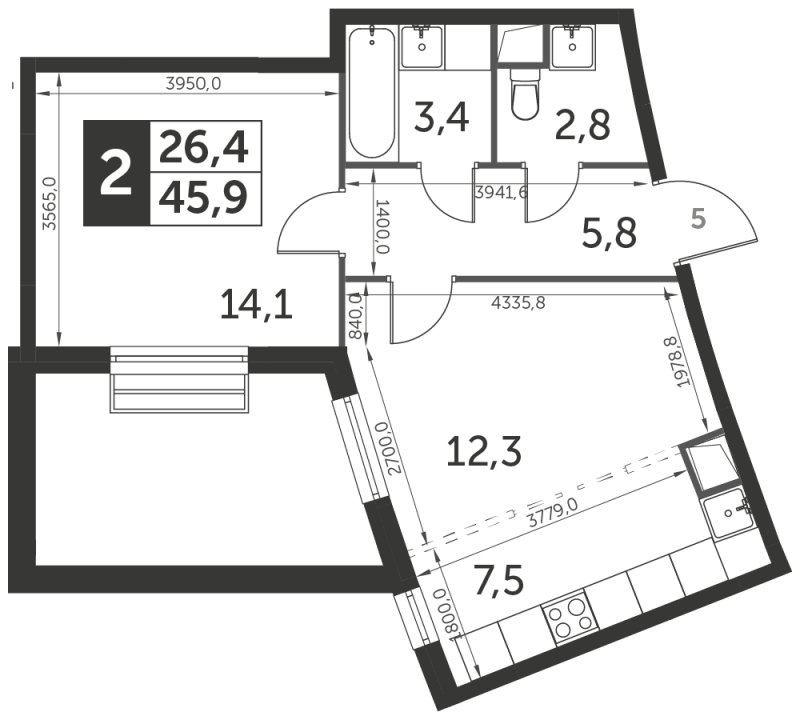 2-комнатная квартира с полной отделкой, 45.9 м2, 2 этаж, сдача 3 квартал 2023 г., ЖК UP-квартал Римский, корпус 7 - объявление 1352813 - фото №1