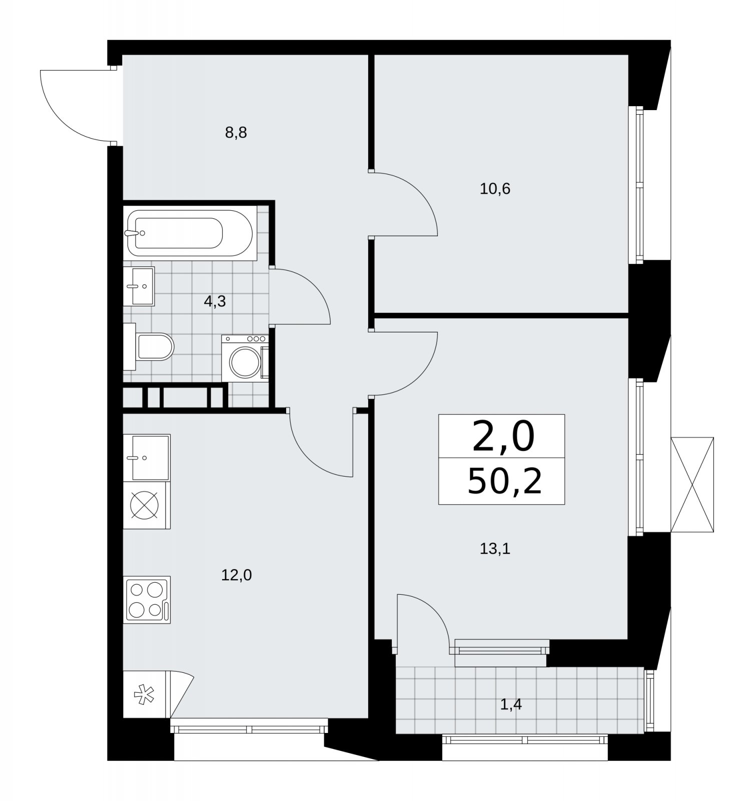 2-комнатная квартира с частичной отделкой, 50.2 м2, 5 этаж, сдача 1 квартал 2026 г., ЖК Бунинские кварталы, корпус 6.2 - объявление 2252584 - фото №1