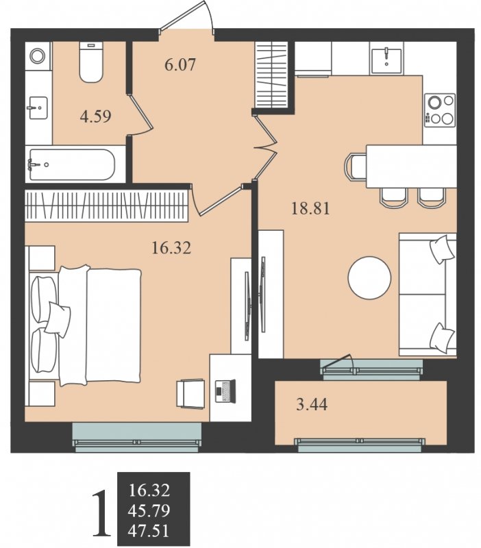 1-комнатная квартира без отделки, 47.51 м2, 1 этаж, сдача 1 квартал 2024 г., ЖК Мишино-2, корпус 9 - объявление 1812152 - фото №1