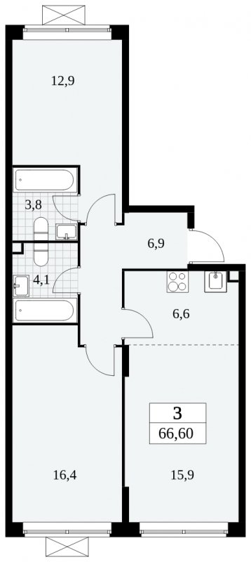 3-комнатная квартира (евро) с полной отделкой, 66.6 м2, 2 этаж, сдача 3 квартал 2024 г., ЖК Прокшино, корпус 8.1 - объявление 1683497 - фото №1