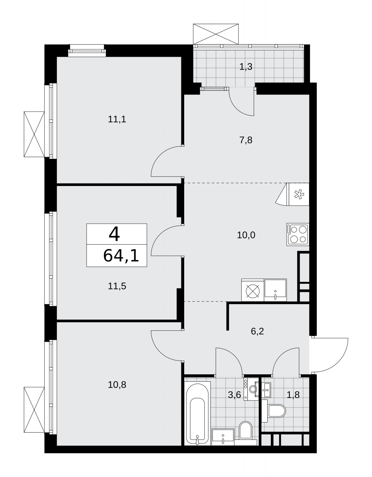 4-комнатная квартира (евро) с полной отделкой, 64.1 м2, 9 этаж, сдача 2 квартал 2026 г., ЖК Деснаречье, корпус 4.8 - объявление 2265237 - фото №1