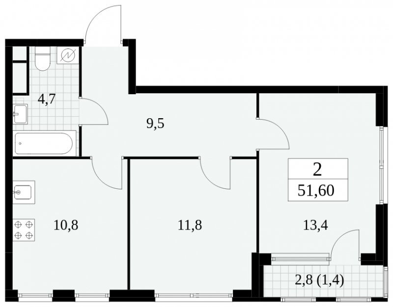 2-комнатная квартира без отделки, 51.6 м2, 15 этаж, сдача 2 квартал 2025 г., ЖК Южные сады, корпус 2.4 - объявление 1760344 - фото №1