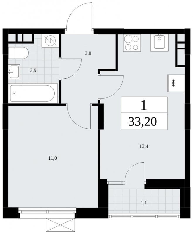 1-комнатная квартира без отделки, 33.2 м2, 8 этаж, сдача 1 квартал 2025 г., ЖК Дзен-кварталы, корпус 1.4 - объявление 1896150 - фото №1