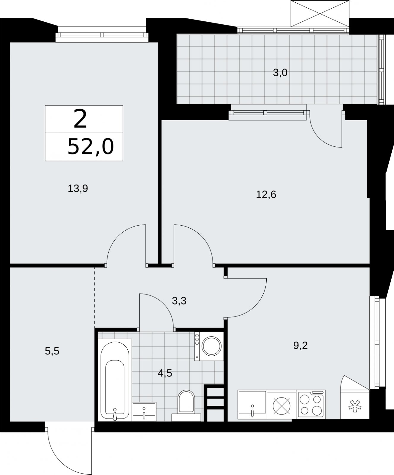 2-комнатная квартира без отделки, 52 м2, 5 этаж, сдача 2 квартал 2026 г., ЖК Бунинские кварталы, корпус 5.2 - объявление 2297336 - фото №1