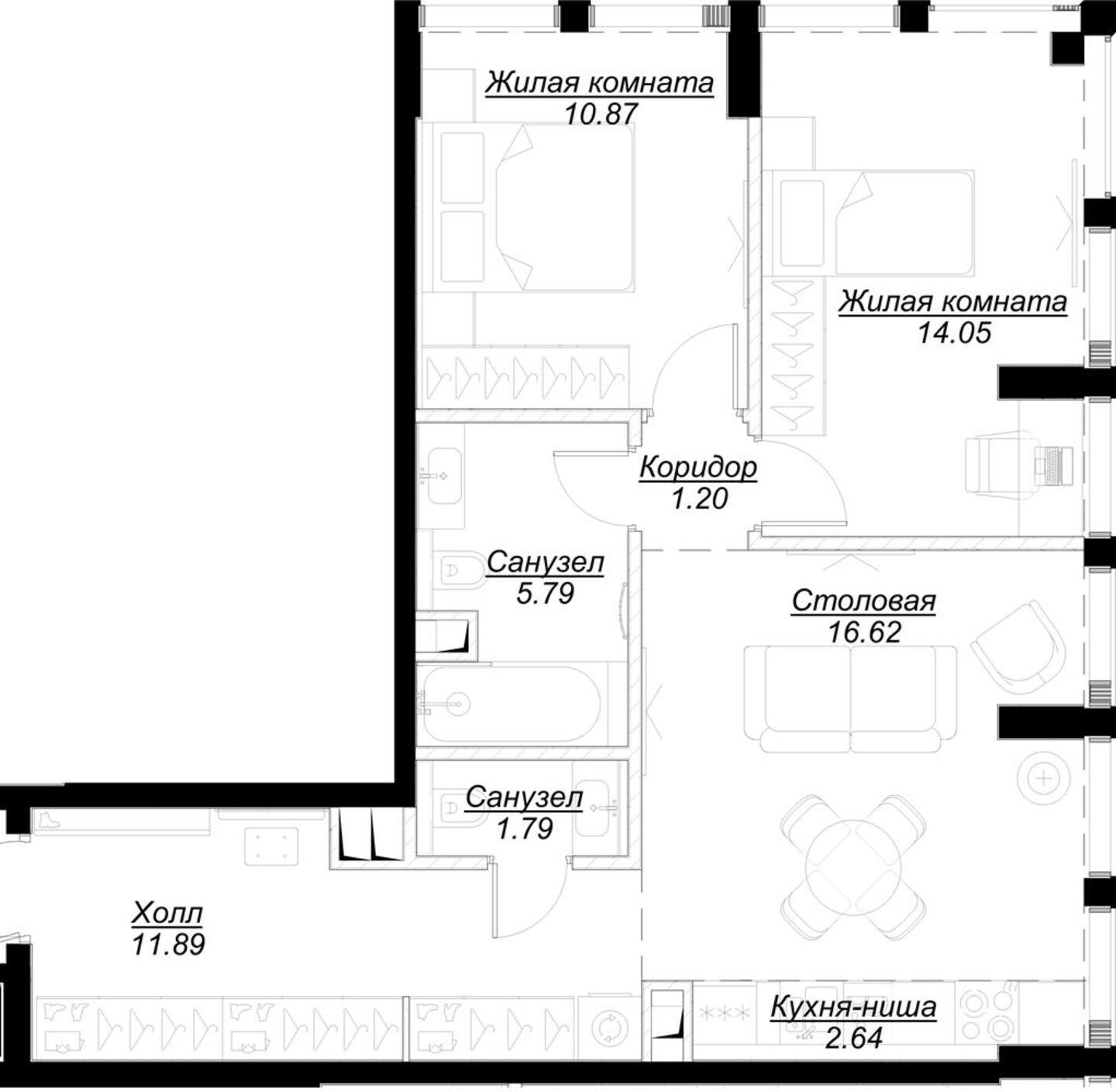 2-комнатная квартира без отделки, 65.64 м2, 29 этаж, сдача 4 квартал 2024 г., ЖК MOD, корпус Camus - объявление 2212484 - фото №1