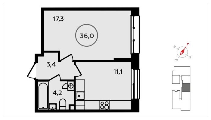 1-комнатная квартира с частичной отделкой, 36 м2, 2 этаж, сдача 3 квартал 2024 г., ЖК Скандинавия, корпус 22.3 - объявление 1625546 - фото №1
