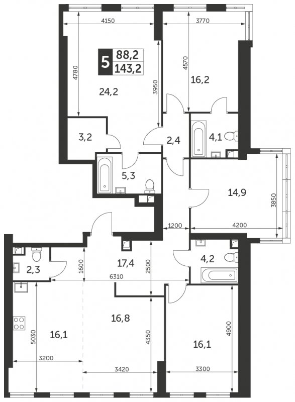 5-комнатная квартира без отделки, 143.2 м2, 42 этаж, сдача 4 квартал 2023 г., ЖК Архитектор, корпус 1 - объявление 1671193 - фото №1