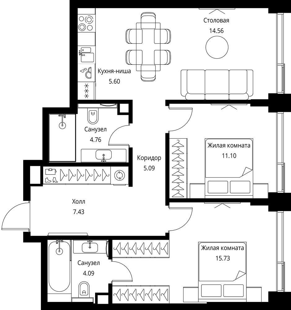 2-комнатная квартира с частичной отделкой, 70.58 м2, 51 этаж, сдача 3 квартал 2026 г., ЖК City Bay, корпус North Ocean 11 - объявление 2343401 - фото №1