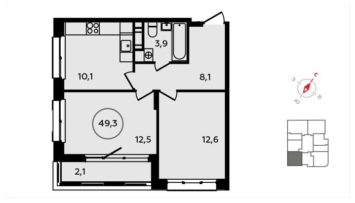 2-комнатная квартира без отделки, 49.3 м2, 6 этаж, сдача 3 квартал 2024 г., ЖК Скандинавия, корпус 22.1 - объявление 1625217 - фото №1