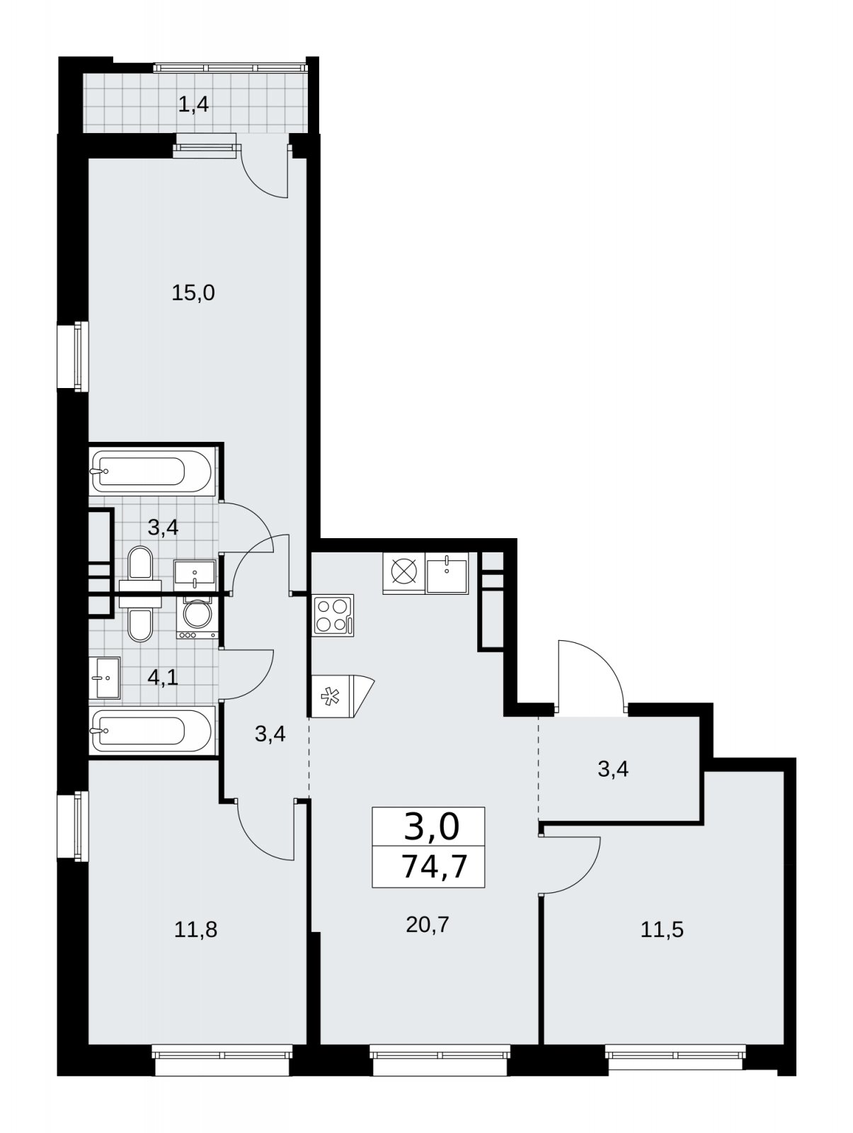 3-комнатная квартира без отделки, 74.7 м2, 13 этаж, сдача 1 квартал 2026 г., ЖК Дзен-кварталы, корпус 3.2 - объявление 2241777 - фото №1