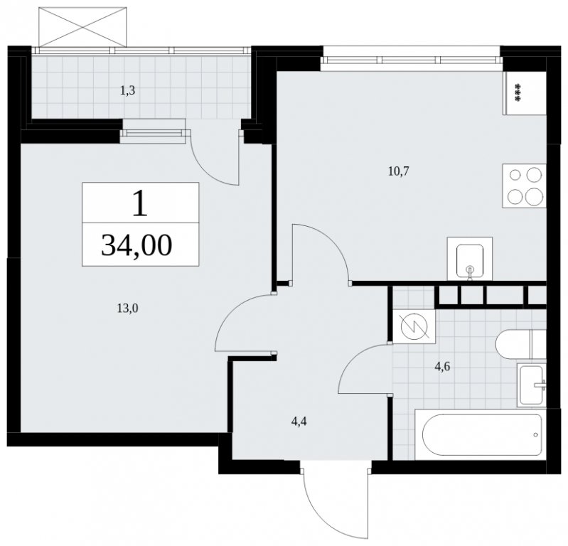 1-комнатная квартира без отделки, 34 м2, 9 этаж, сдача 4 квартал 2024 г., ЖК Скандинавия, корпус 35.2.2 - объявление 1841020 - фото №1