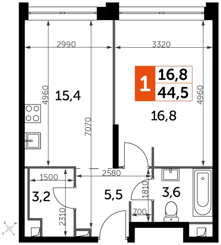 1-комнатная квартира без отделки, 44.5 м2, 43 этаж, сдача 1 квартал 2023 г., ЖК Sydney City, корпус 3 - объявление 1658325 - фото №1