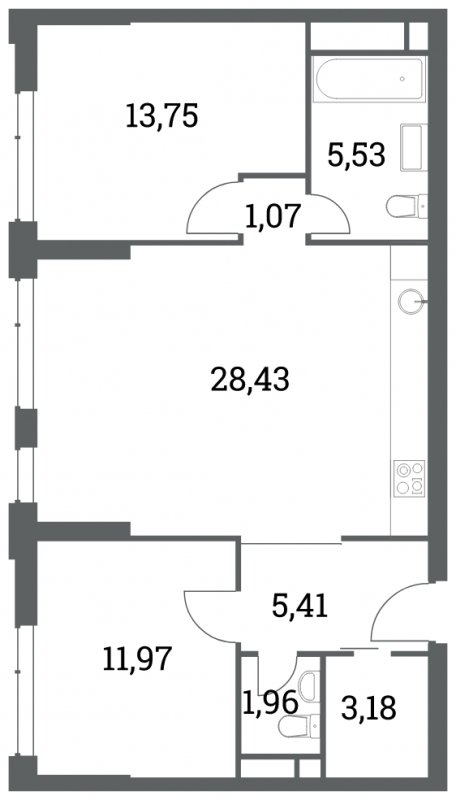 2-комнатная квартира без отделки, 71.3 м2, 16 этаж, дом сдан, ЖК Headliner, корпус 6 - объявление 2015913 - фото №1
