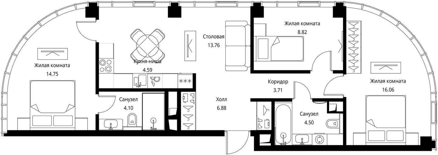 3-комнатная квартира с частичной отделкой, 77.16 м2, 27 этаж, сдача 3 квартал 2026 г., ЖК City Bay, корпус North Ocean 8 - объявление 2240610 - фото №1