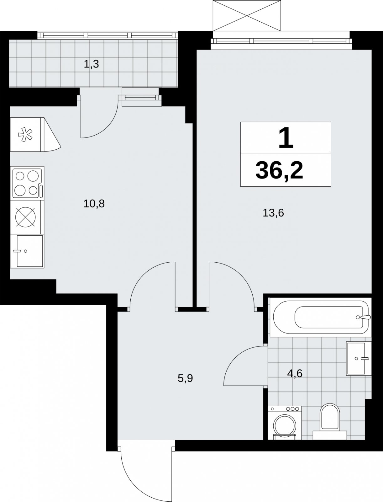 1-комнатная квартира без отделки, 36.2 м2, 4 этаж, сдача 2 квартал 2026 г., ЖК Дзен-кварталы, корпус 6.1.1 - объявление 2326955 - фото №1
