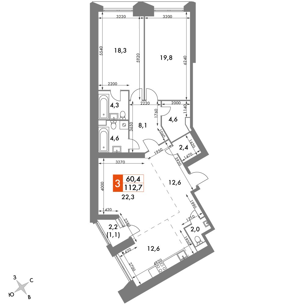 3-комнатная квартира с частичной отделкой, 112.7 м2, 14 этаж, дом сдан, ЖК Архитектор, корпус 3 - объявление 2378110 - фото №1