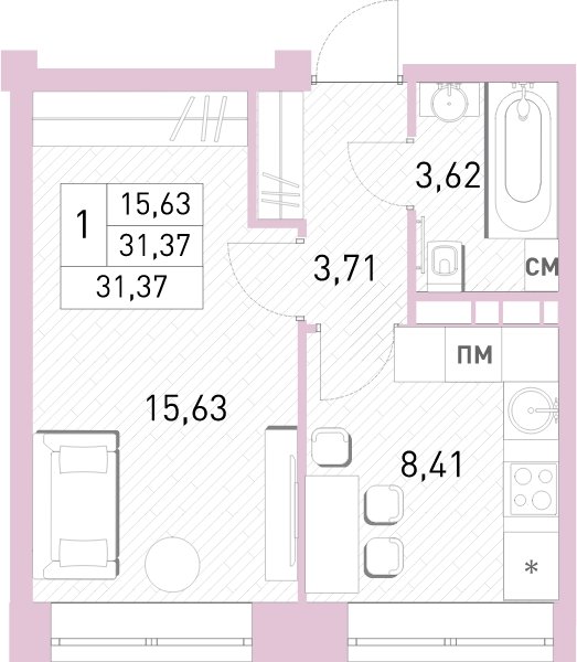 1-комнатная квартира с полной отделкой, 30.8 м2, 3 этаж, сдача 2 квартал 2023 г., ЖК Столичный, корпус 24 - объявление 2063597 - фото №1