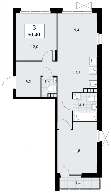 3-комнатная квартира (евро) без отделки, 60.4 м2, 4 этаж, сдача 4 квартал 2024 г., ЖК Бунинские кварталы, корпус 2.3 - объявление 1882555 - фото №1